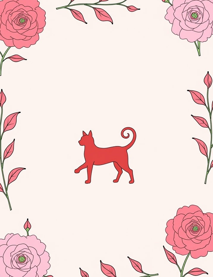 Pink Floral Border Red Cat Rug
