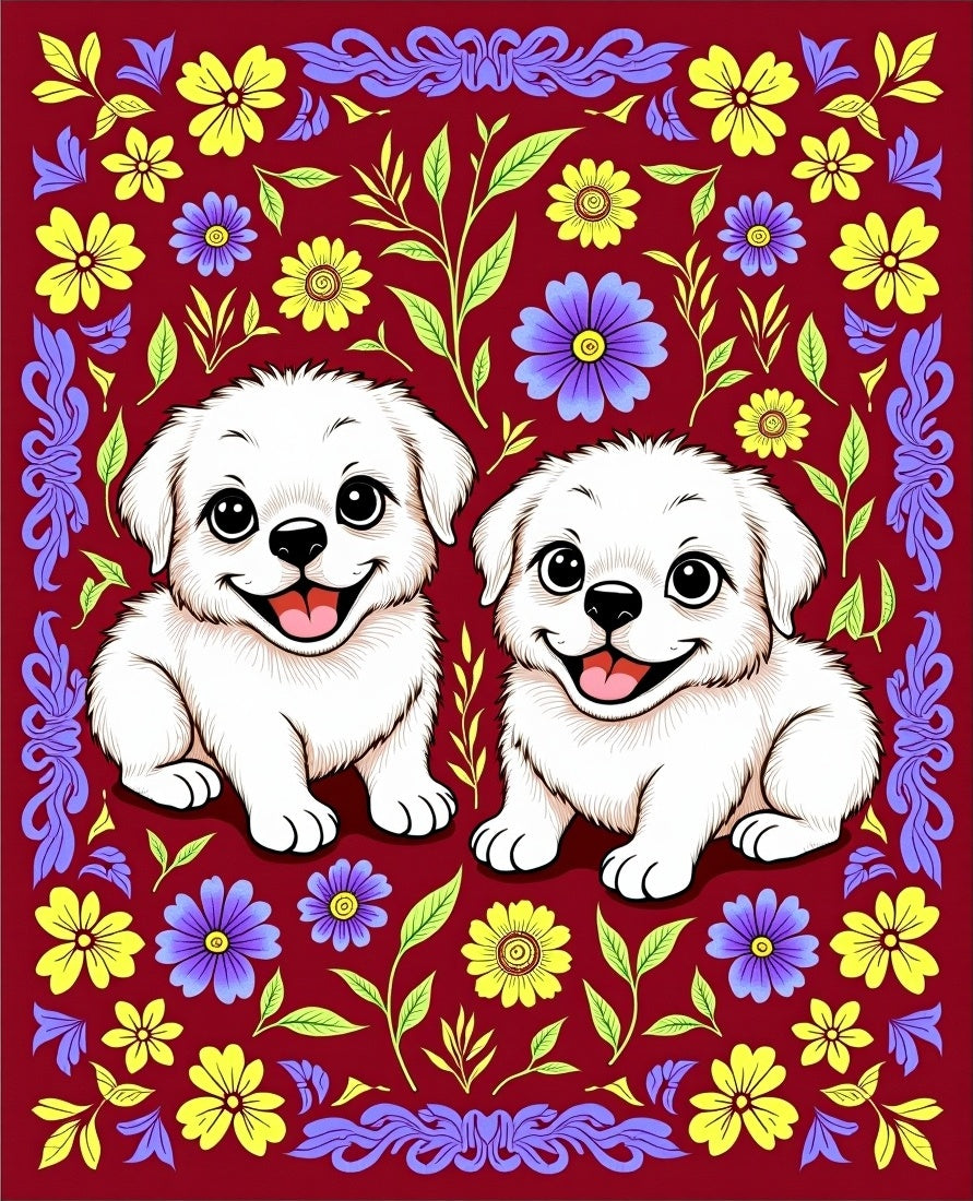 Playful White Puppies Floral Border Rug