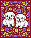 Playful White Puppies Floral Border Rug