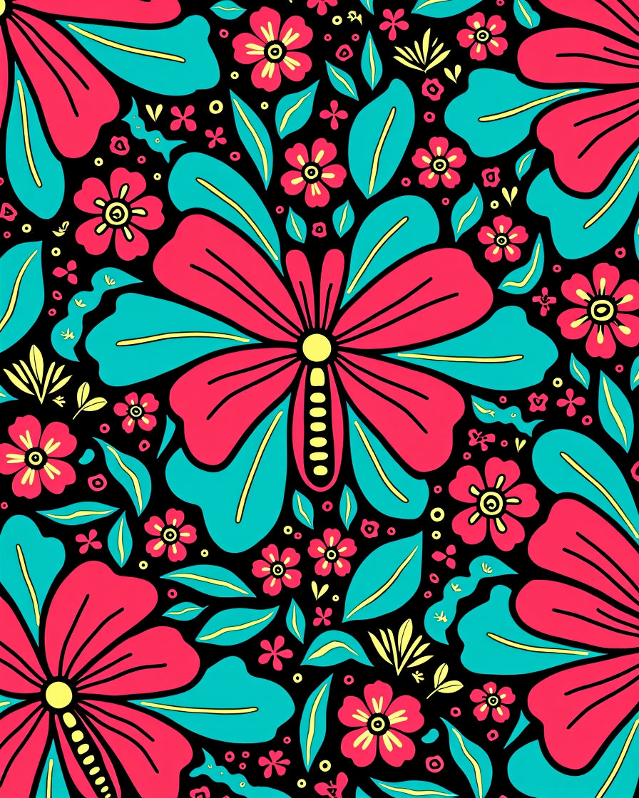 Vibrant Coral Teal Floral Butterfly Garden Rug