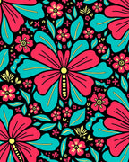 Vibrant Coral Teal Floral Butterfly Garden Rug