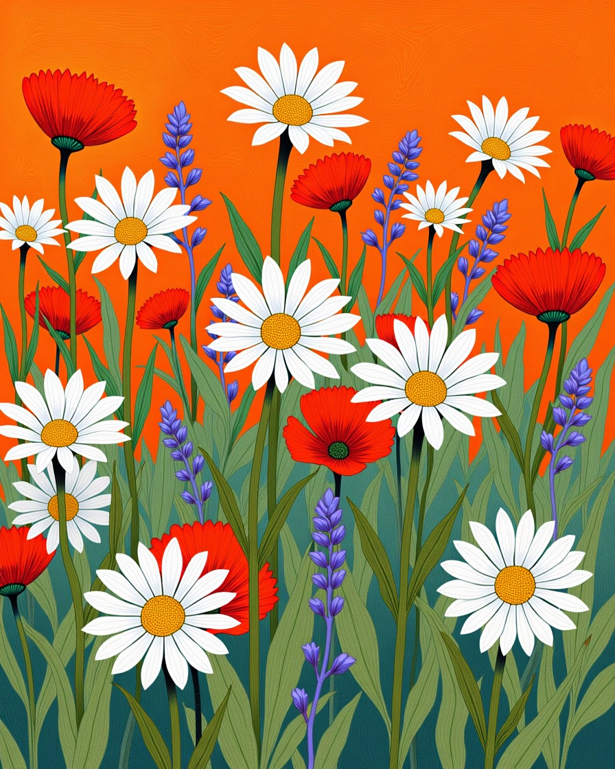 Vibrant Red Daisy Lavender Meadow Rug