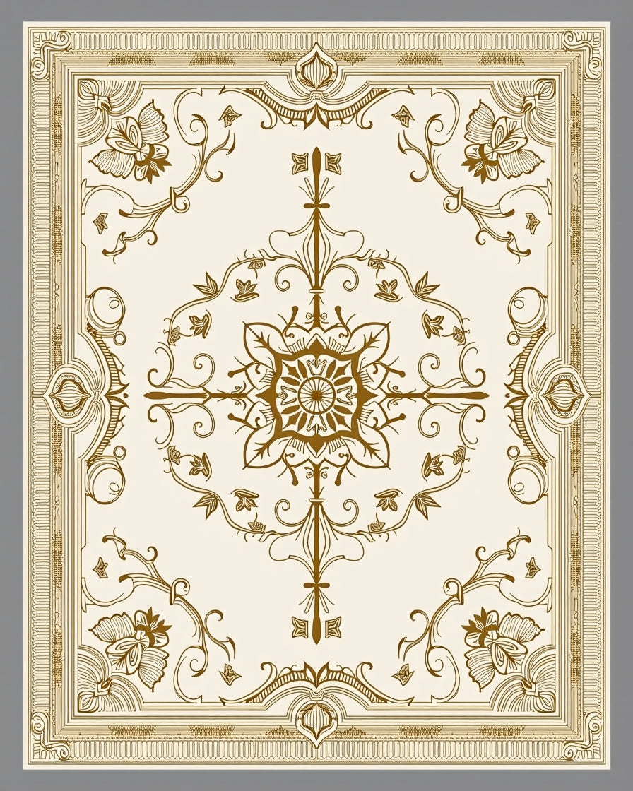 Ornate Gold Floral Medallion Border Rug