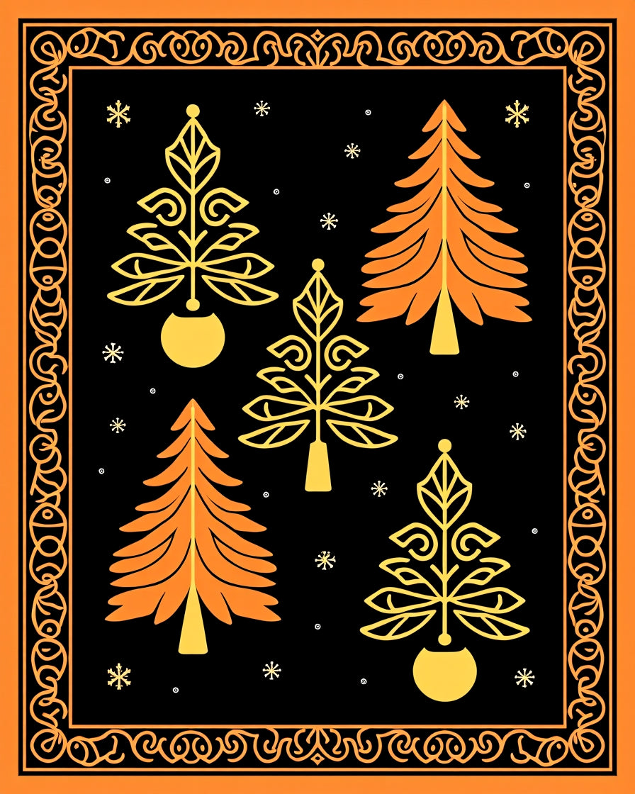 Orange Black Christmas Tree Border Rug