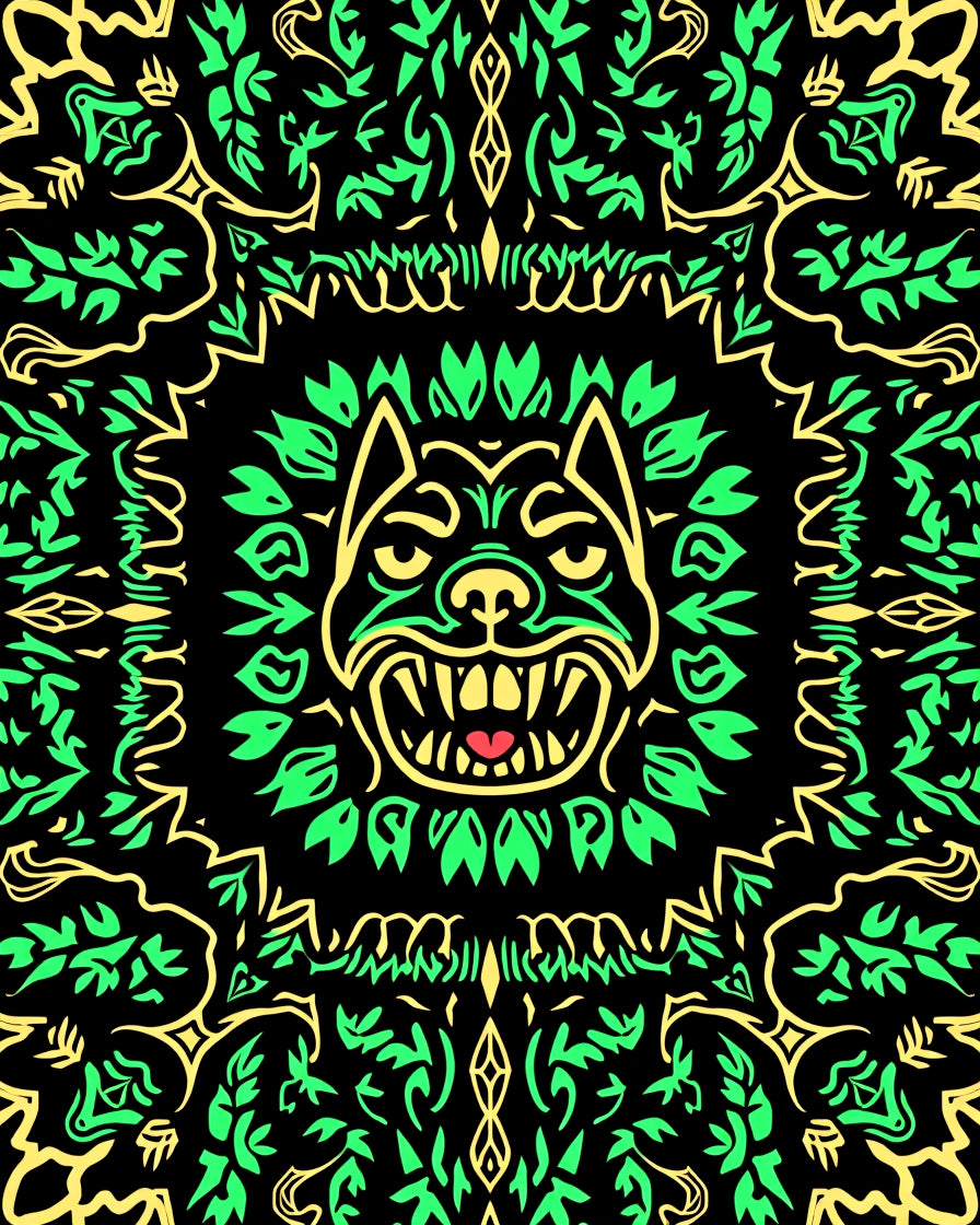 Bold Yellow and Green Dog Frame Rug