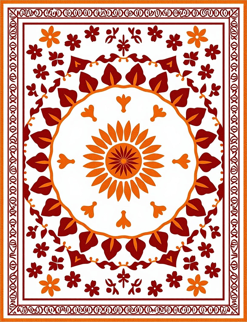 Crimson Orange Floral Medallion Border Rug