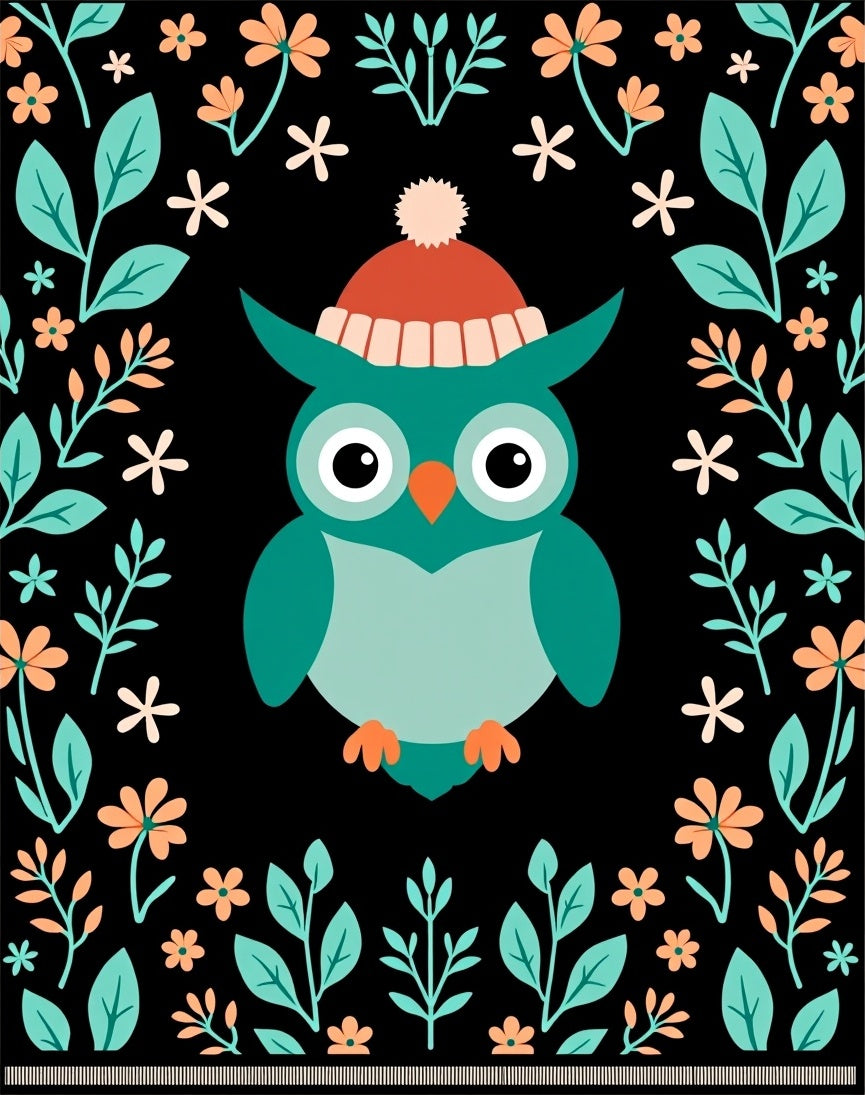 Whimsical Teal Owl With Orange Hat Botanicals Rug