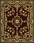Dark Brown Gold Scroll Border Floral Rug