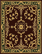 Dark Brown Gold Scroll Border Floral Rug