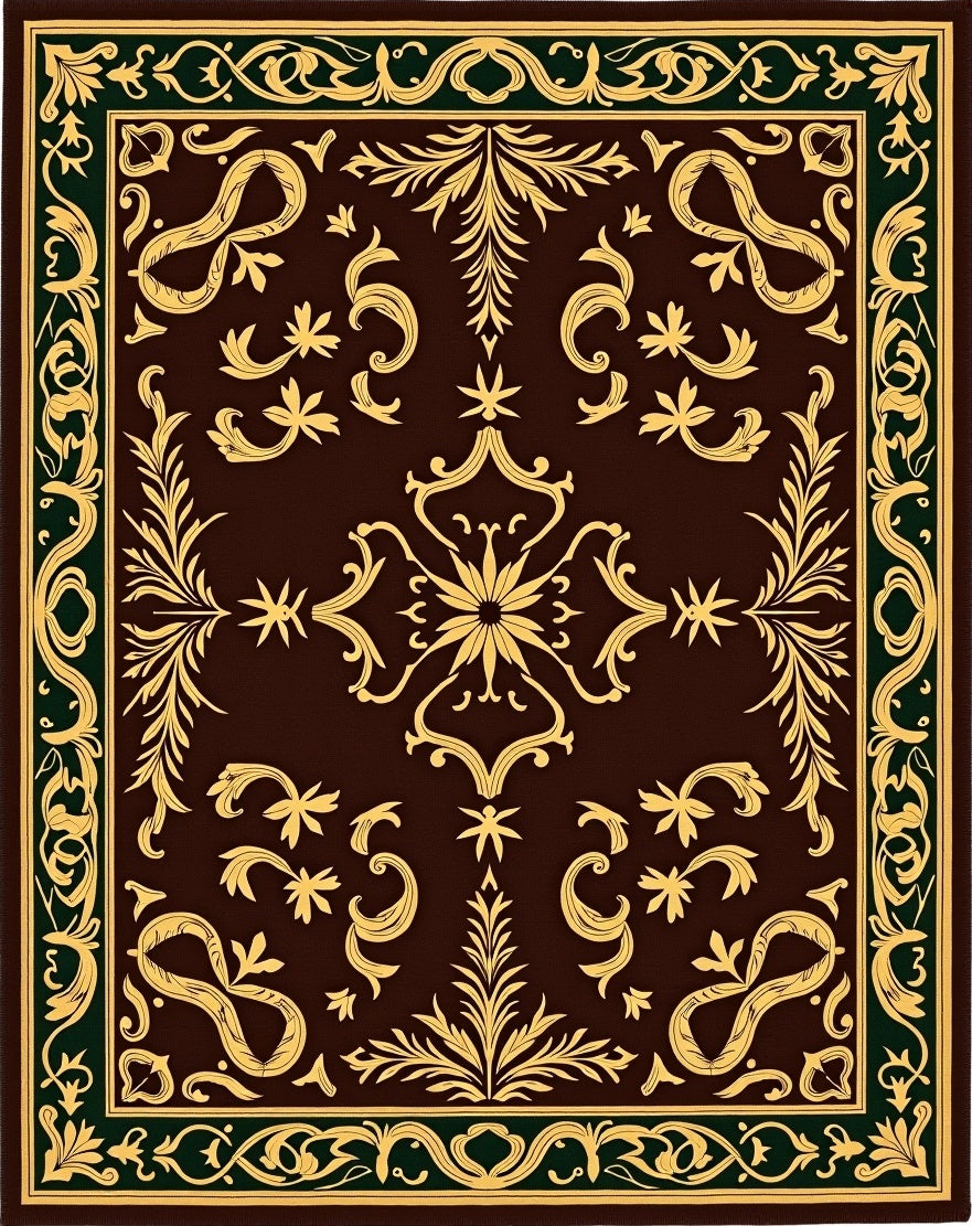 Dark Brown Gold Scroll Border Floral Rug