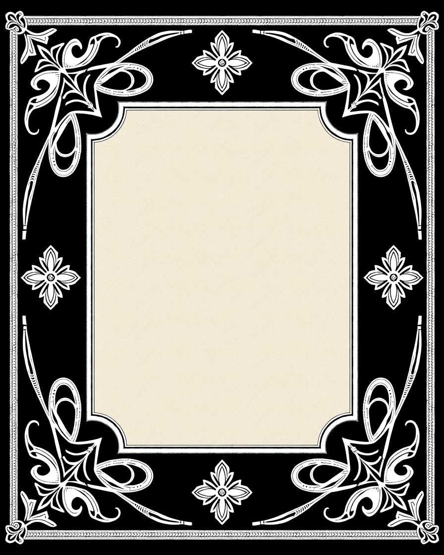 Black White Floral Scroll Border Rug