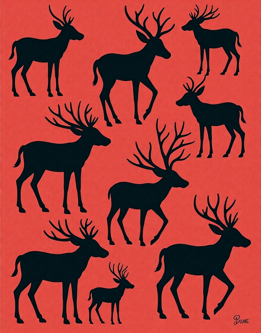 Black Deer Silhouette Red Contemporary Rug