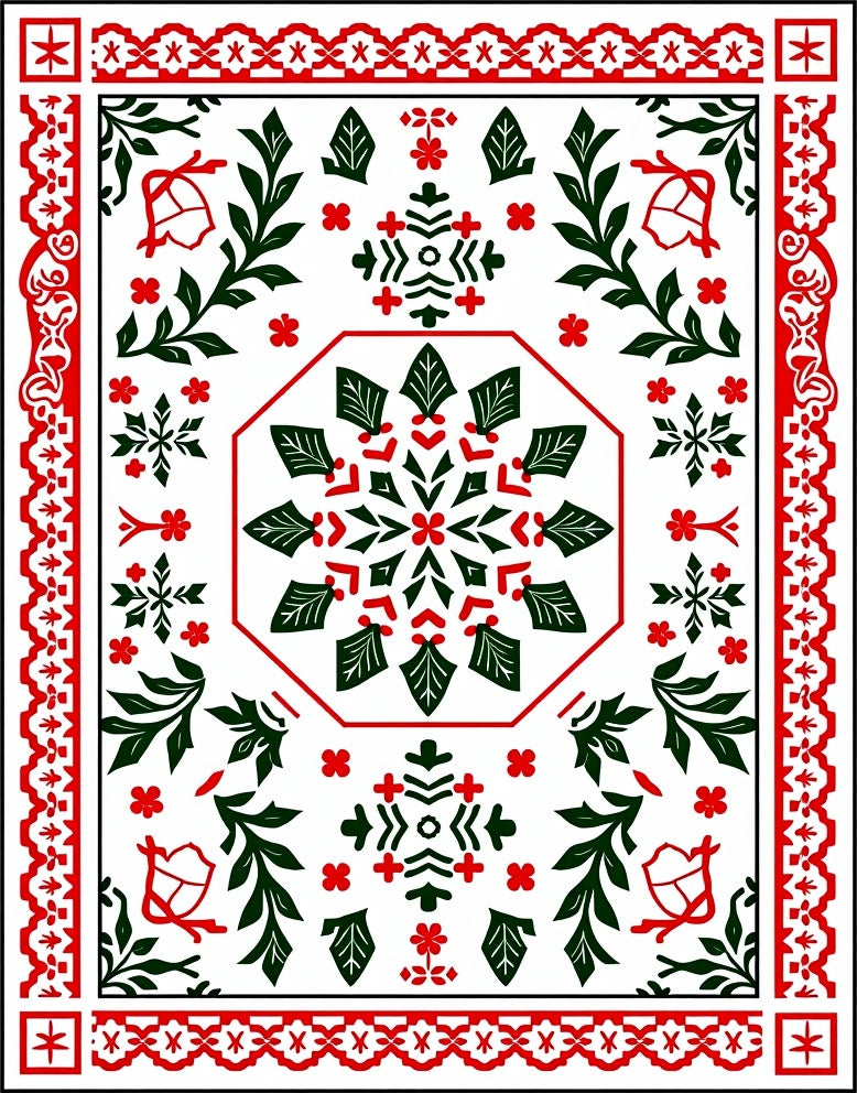 Crimson Green Floral Octagon Border Rug