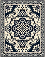 Ornate Cream Navy Floral Medallion Rug
