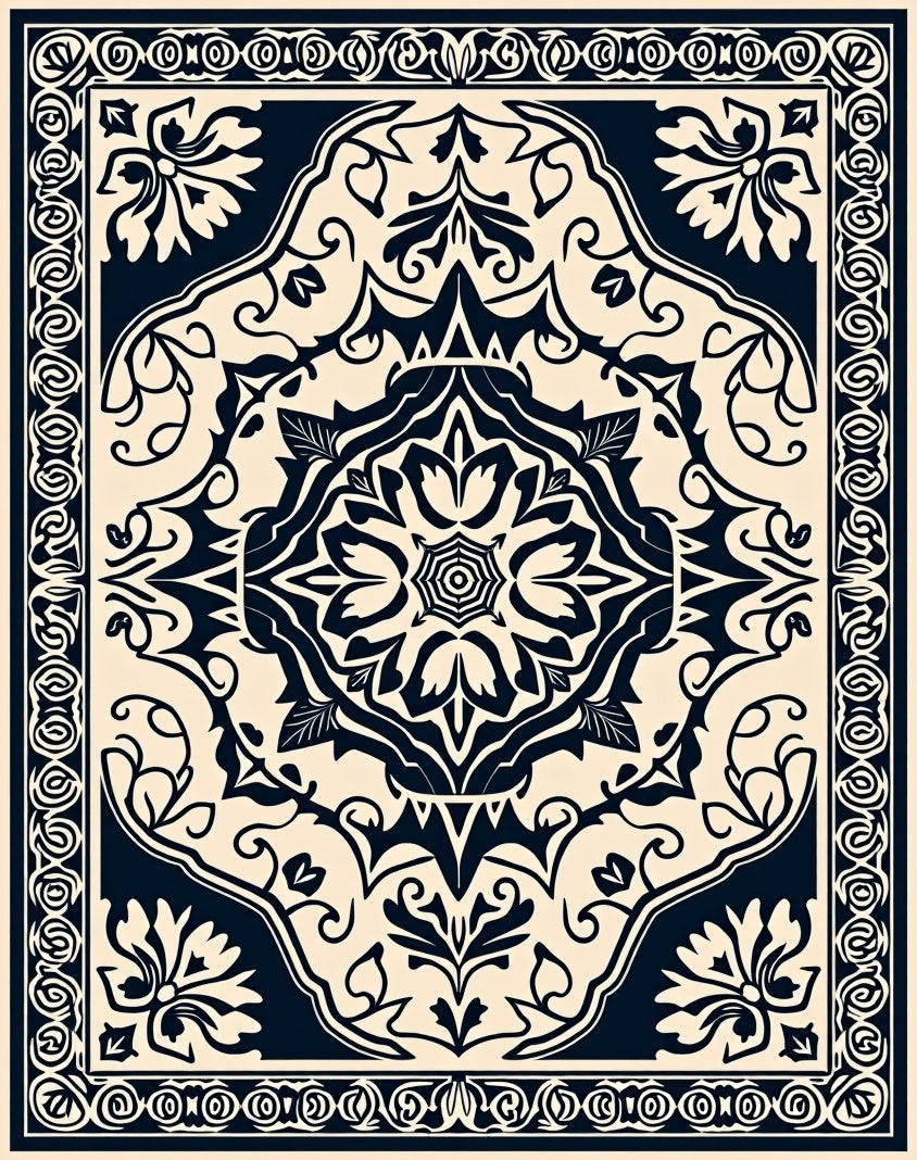 Ornate Cream Navy Floral Medallion Rug