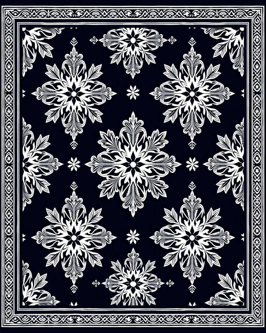 Ornate Midnight White Floral Medallion Rug