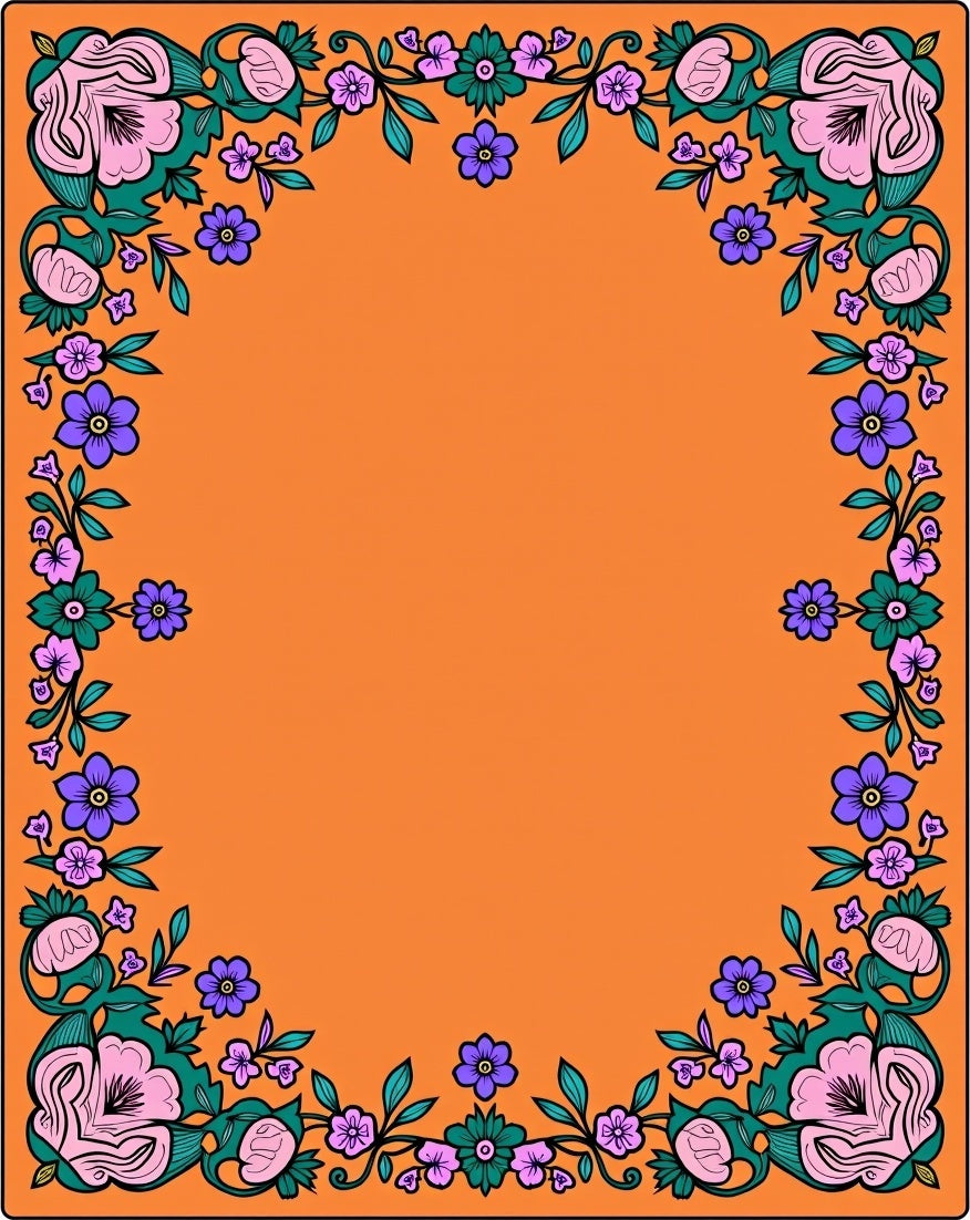 Vibrant Orange Floral Scroll Border Rug