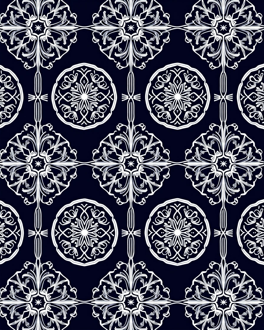 Ornate White Filigree Dark Navy Rug
