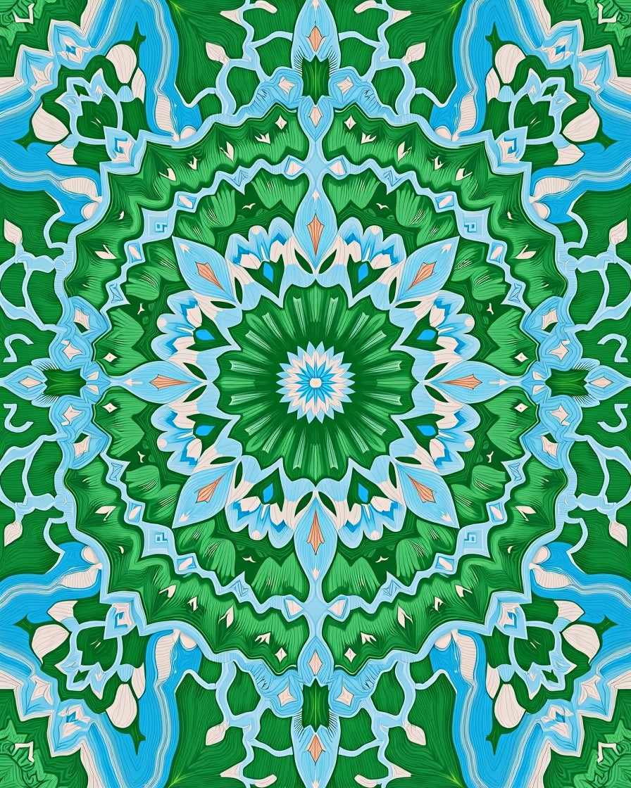 Emerald Green Blue Floral Mandala Rug