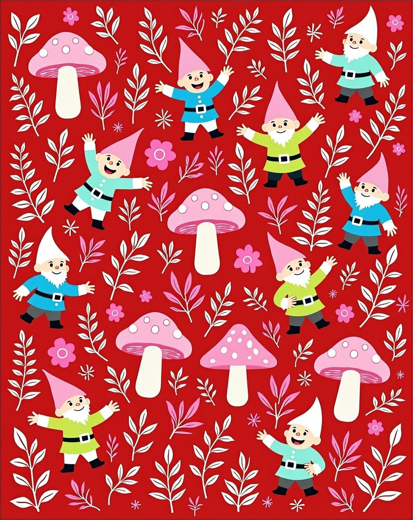 Whimsical Red Gnome Mushroom Meadow Rug