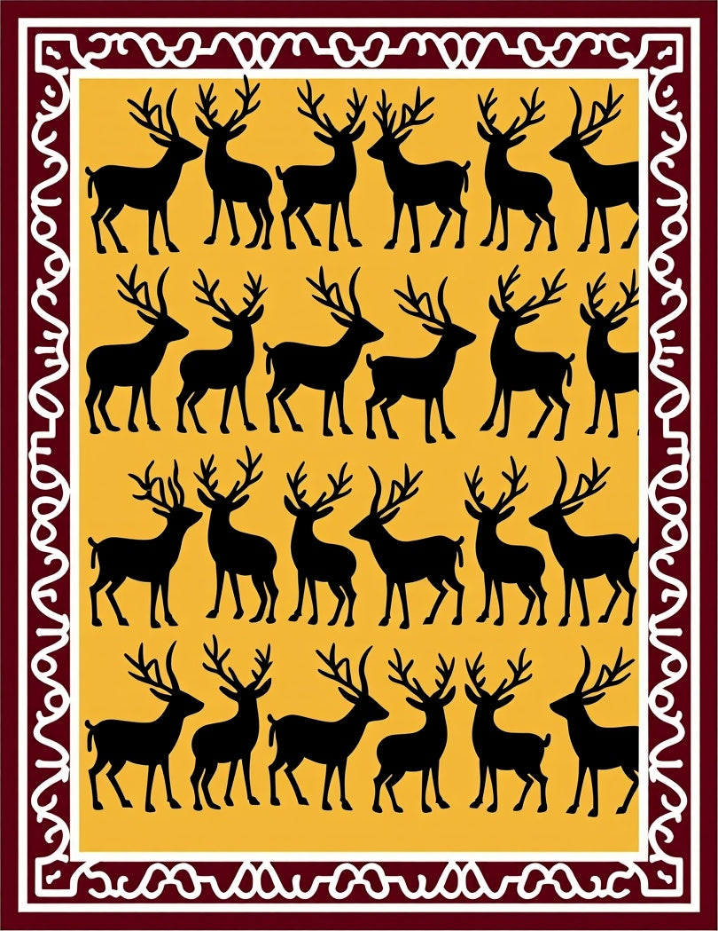 Burgundy Yellow Forest Deer Arrangement Rug