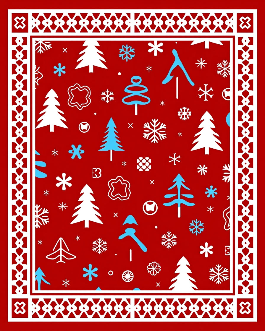 Red Winter Trees Snowflakes Border Rug