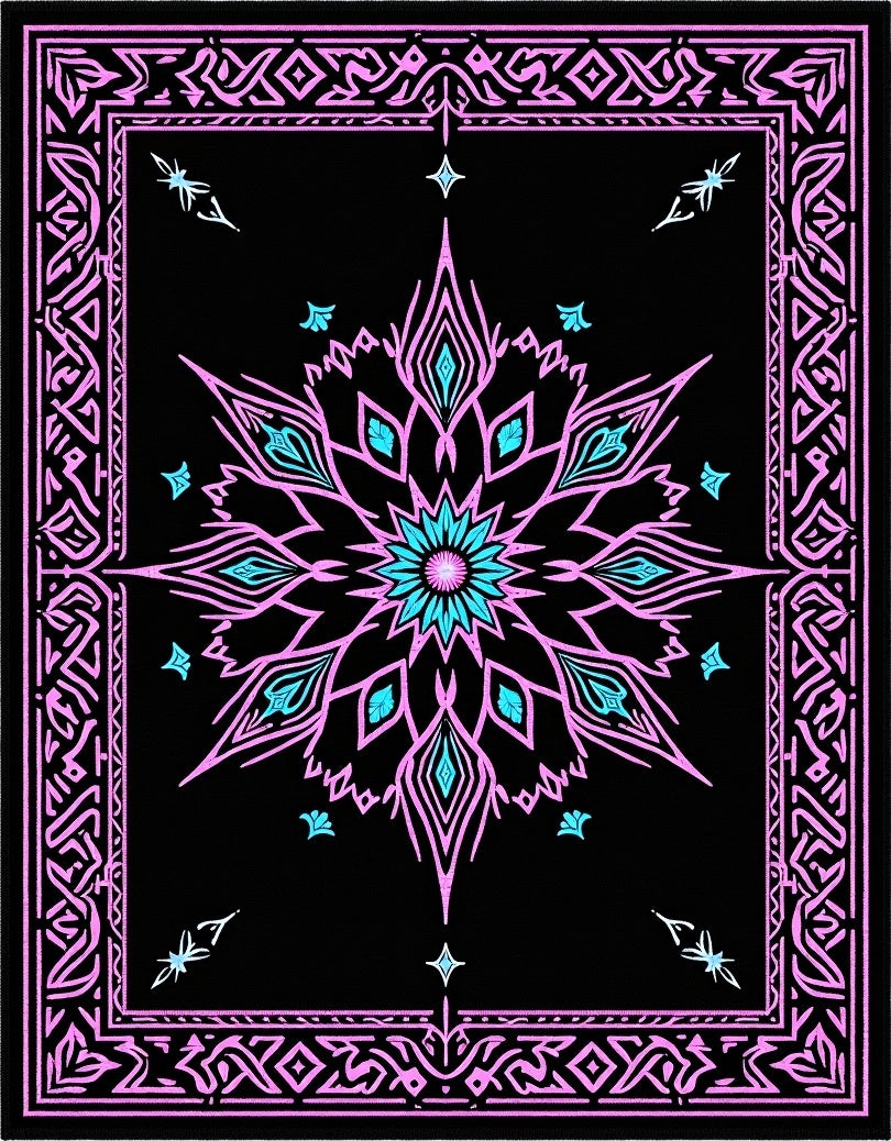 Black Pink Teal Floral Medallion Rug