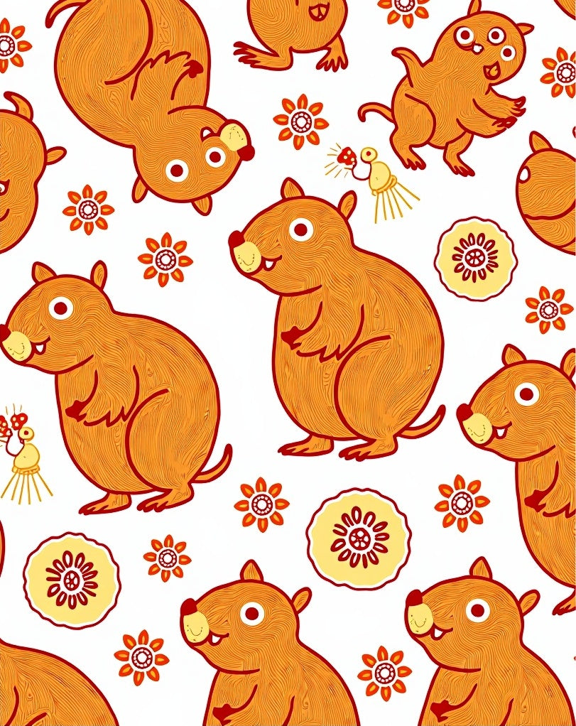 Whimsical Orange Groundhog Floral Rug