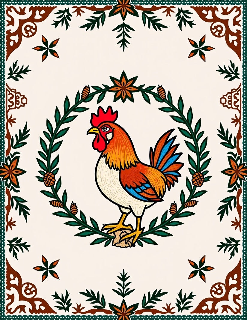 Fiery Rooster Floral Garland Border Rug