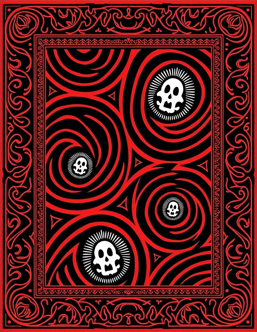 Red Black Skull Swirls Border Rug