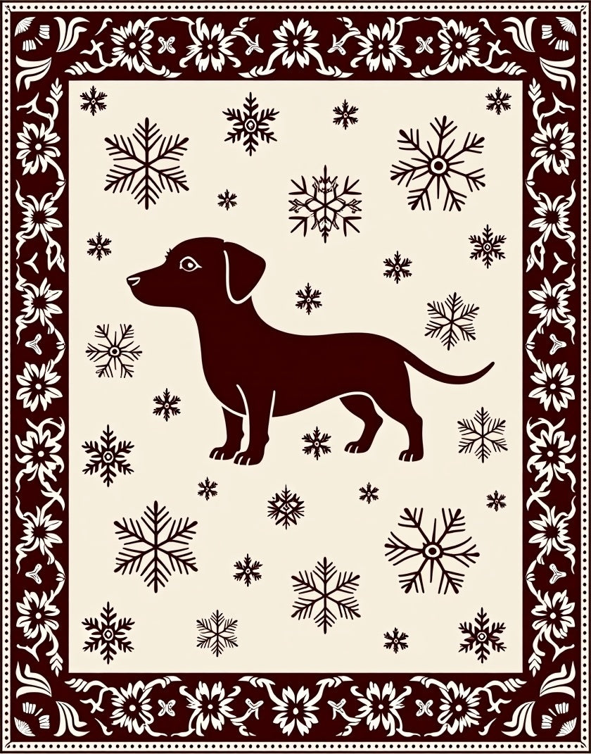 Crimson Dachshund Snowflakes Border Rug