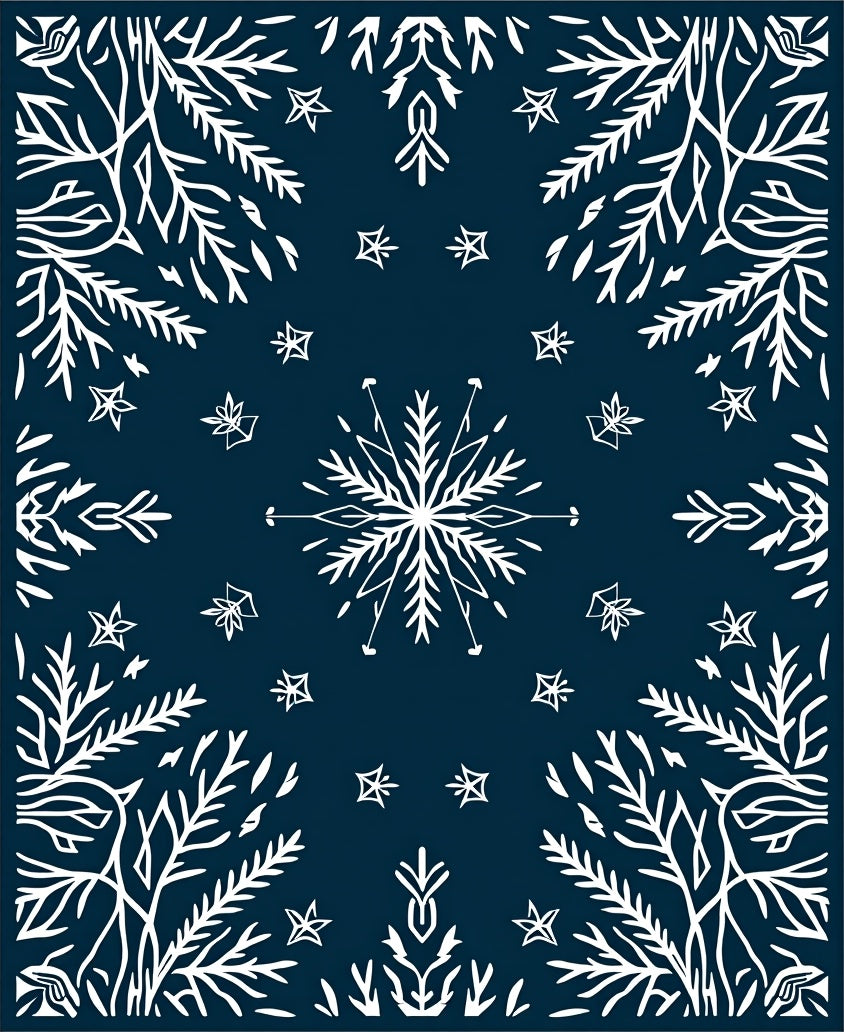 White Snowflake Foliage Navy Blue Rug