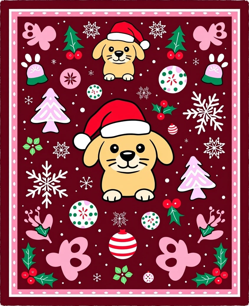 Christmas Puppies Winter Berry Snowflakes Rug