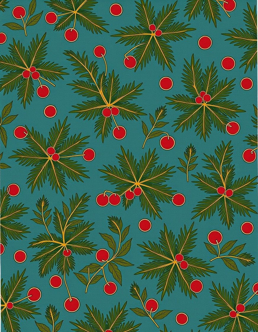 Teal Red Cherry Botanical Foliage Rug