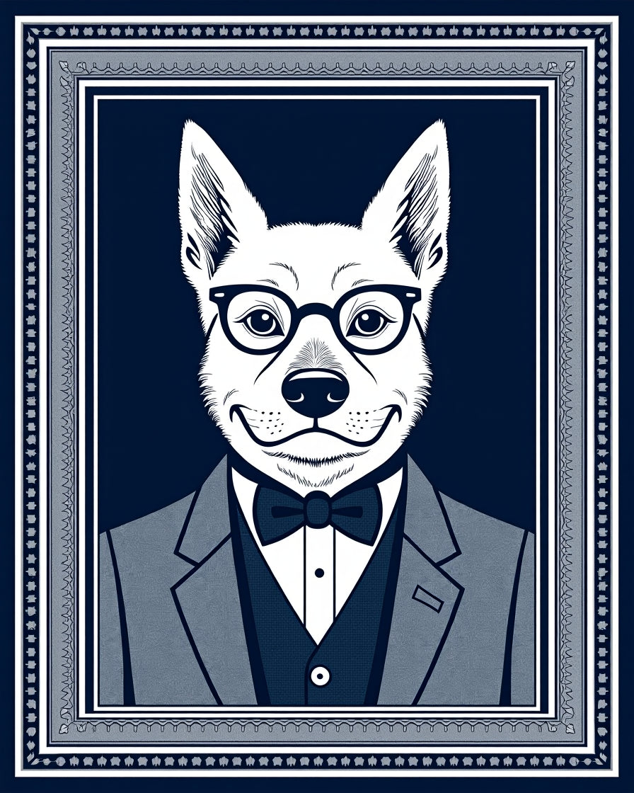 Dapper Canine Portrait Navy Border Rug