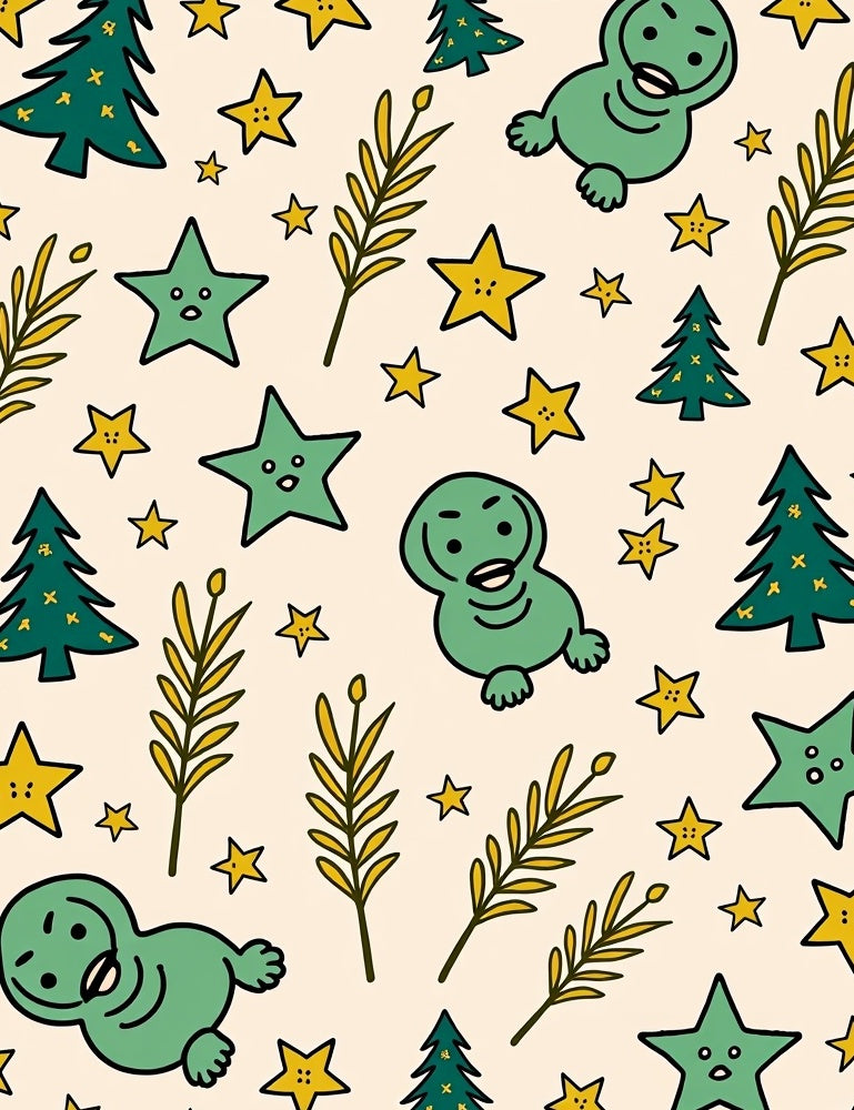 Whimsical Green Creatures Starry Trees Rug
