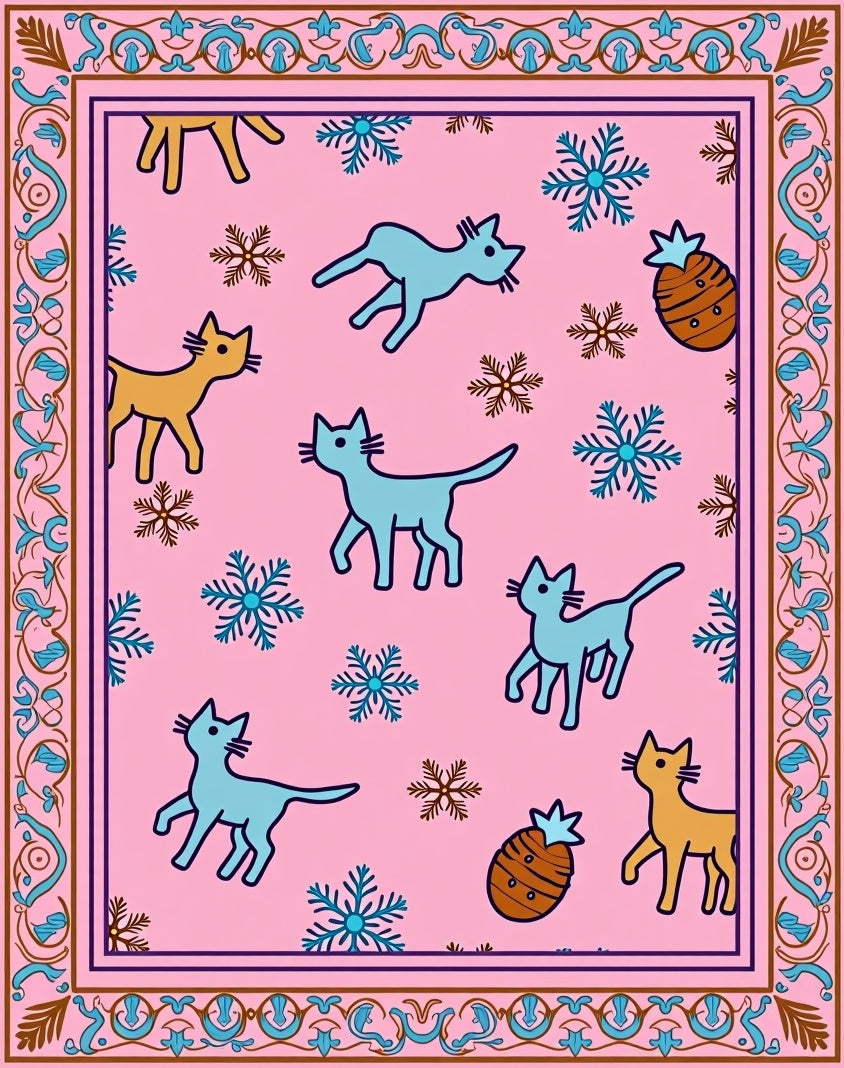 Pink Whimsical Cat Snowflake Pineapple Rug