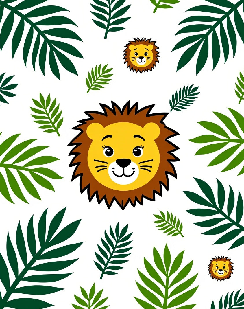 Cute Lion Faces Green Jungle Leaves Rug