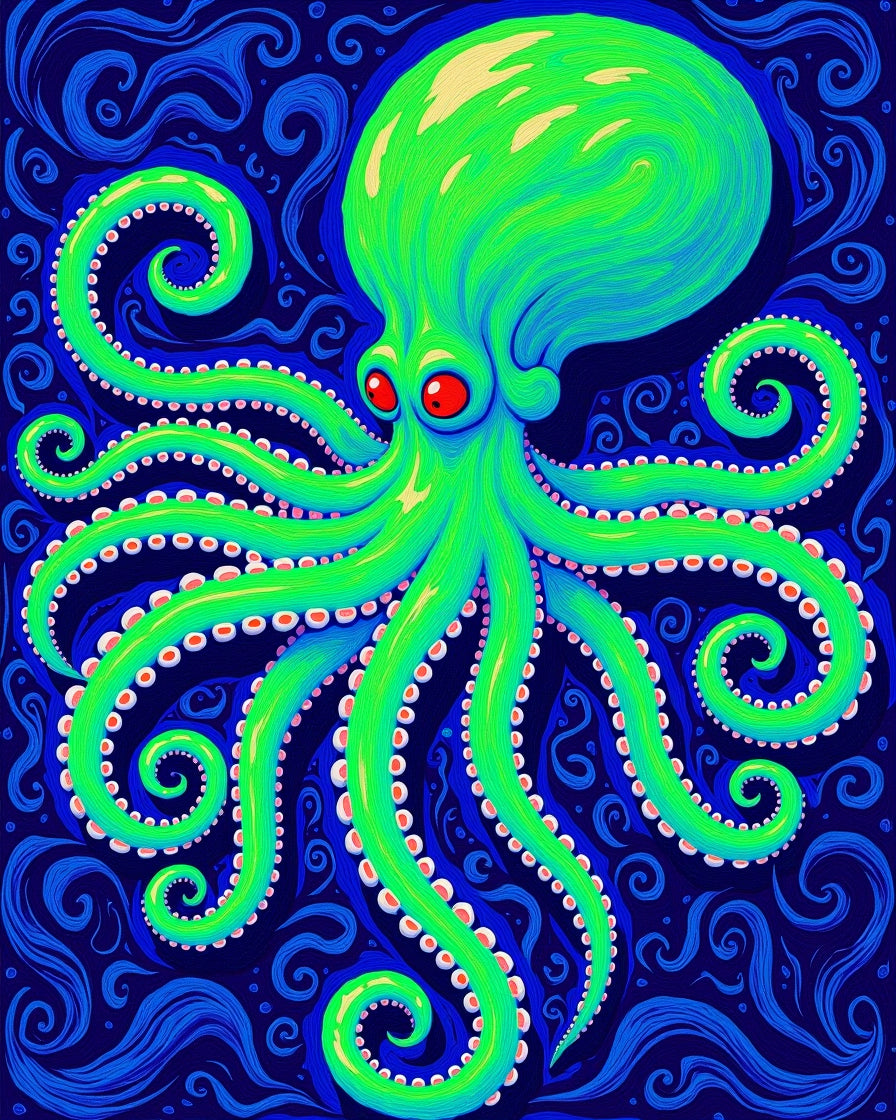 Vibrant Green Octopus Blue Swirls Rug