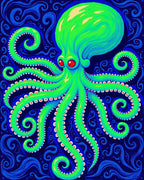 Vibrant Green Octopus Blue Swirls Rug