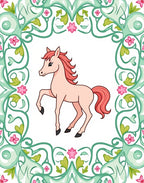 Pink Horse With Green Floral Border Rug