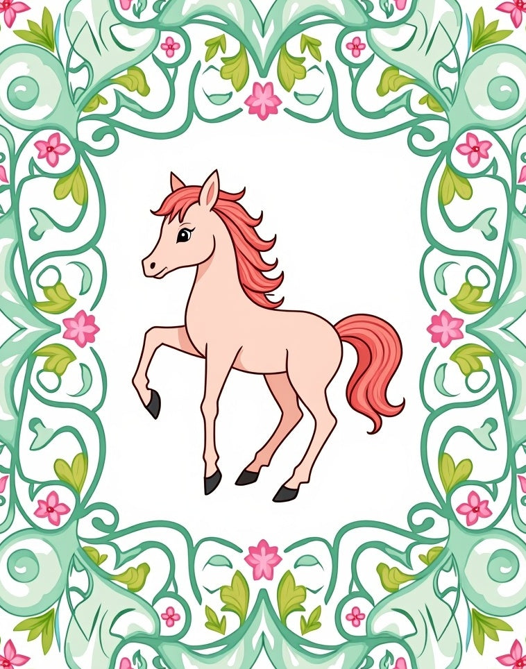 Pink Horse With Green Floral Border Rug
