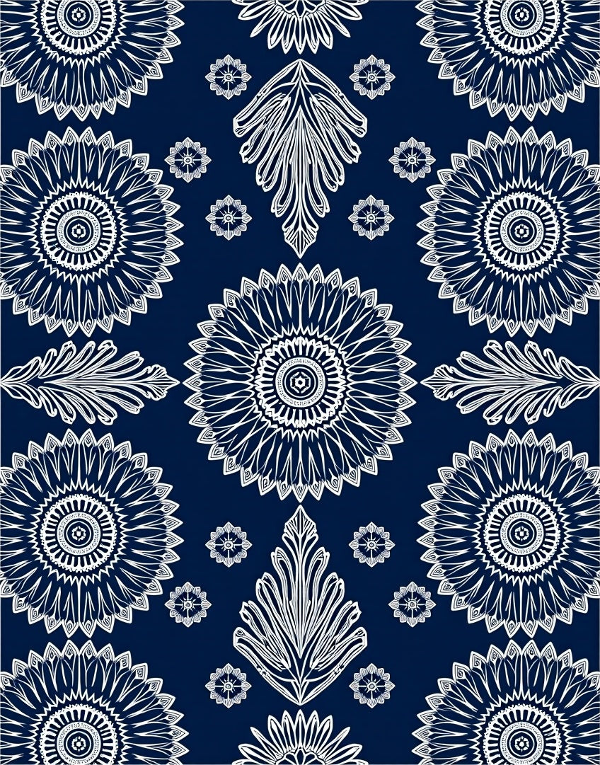 Navy White Ornate Floral Medallion Rug
