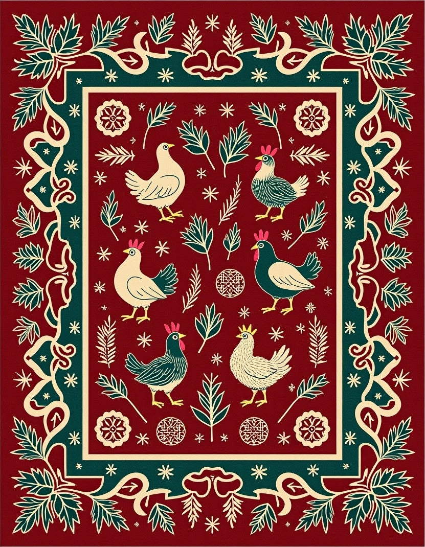 Crimson Folk Art Chickens Border Rug