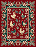 Crimson Folk Art Chickens Border Rug