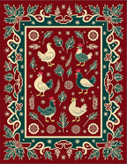 Crimson Folk Art Chickens Border Rug