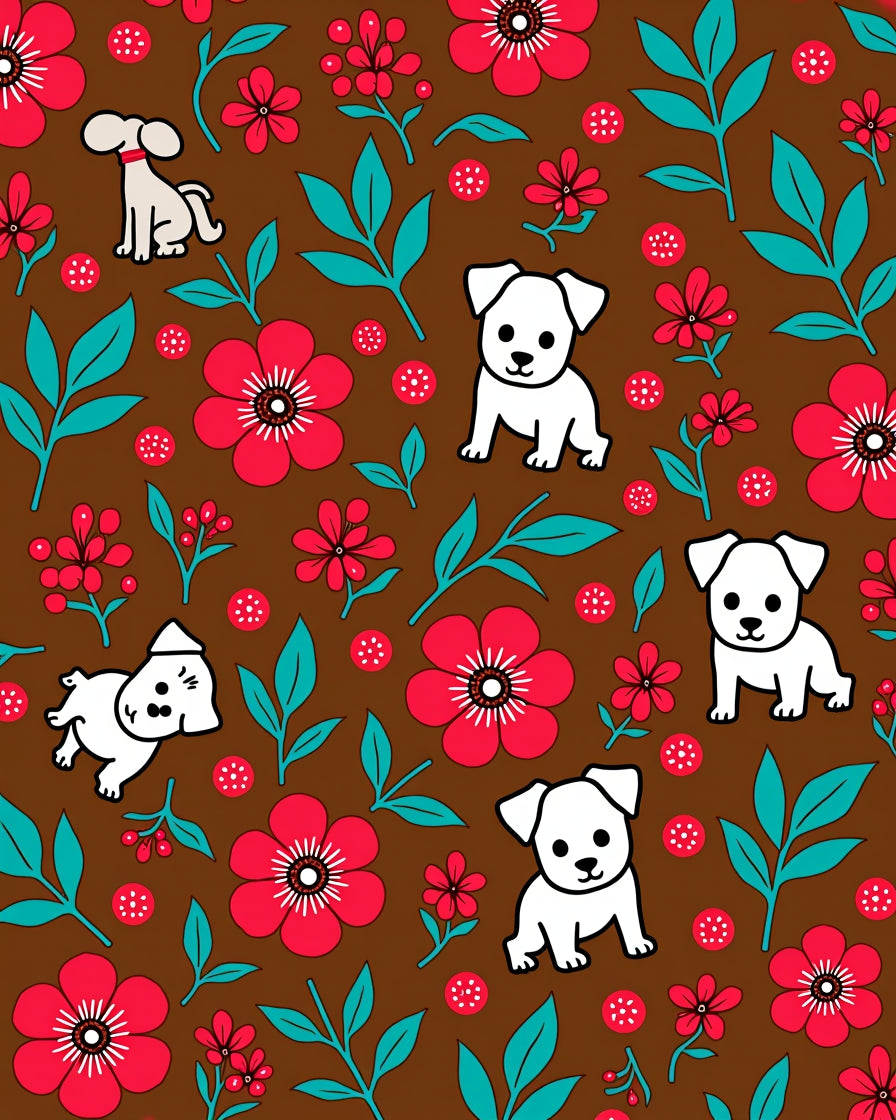 Brown Whimsical Puppy Floral Medley Rug