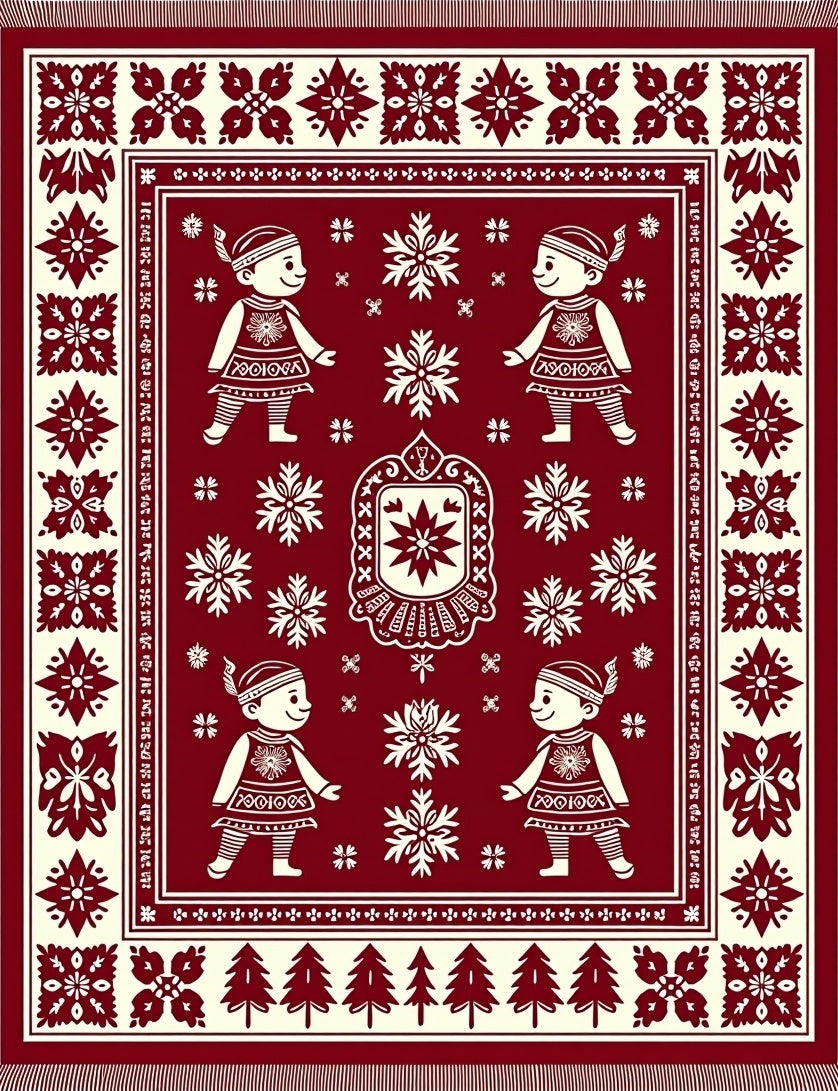 Crimson White Folk Art Children Snowflakes Rug