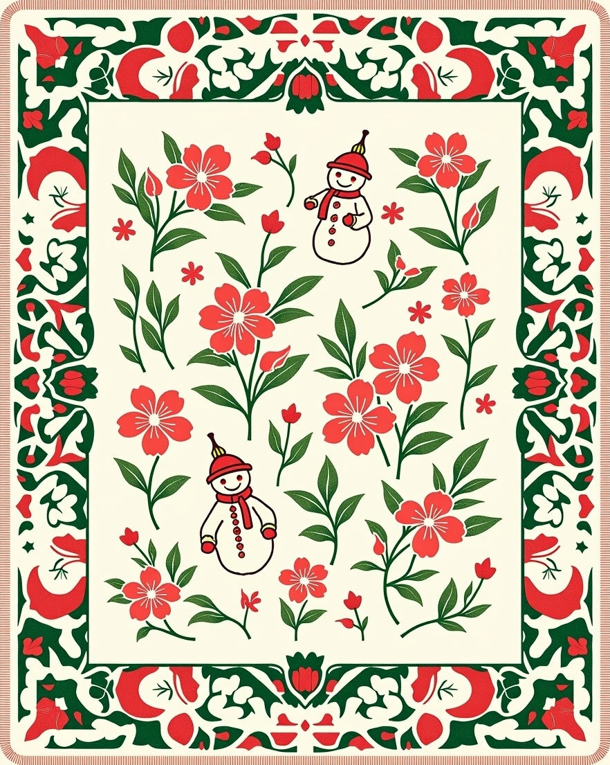 Festive Snowman Red Floral Border Rug
