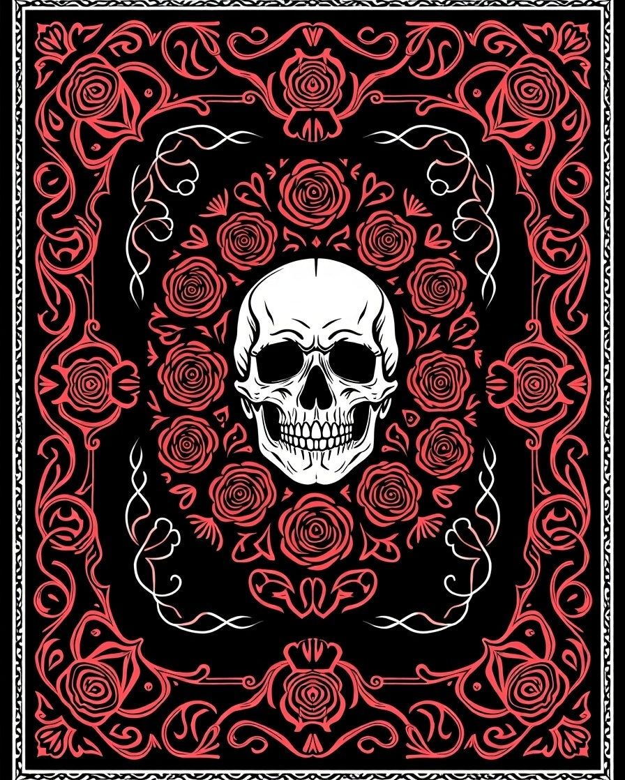 Black Crimson Skull Floral Frame Rug